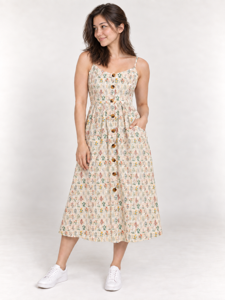Floral Regency Garden Faux Button Down Dress modeled, full-body front view