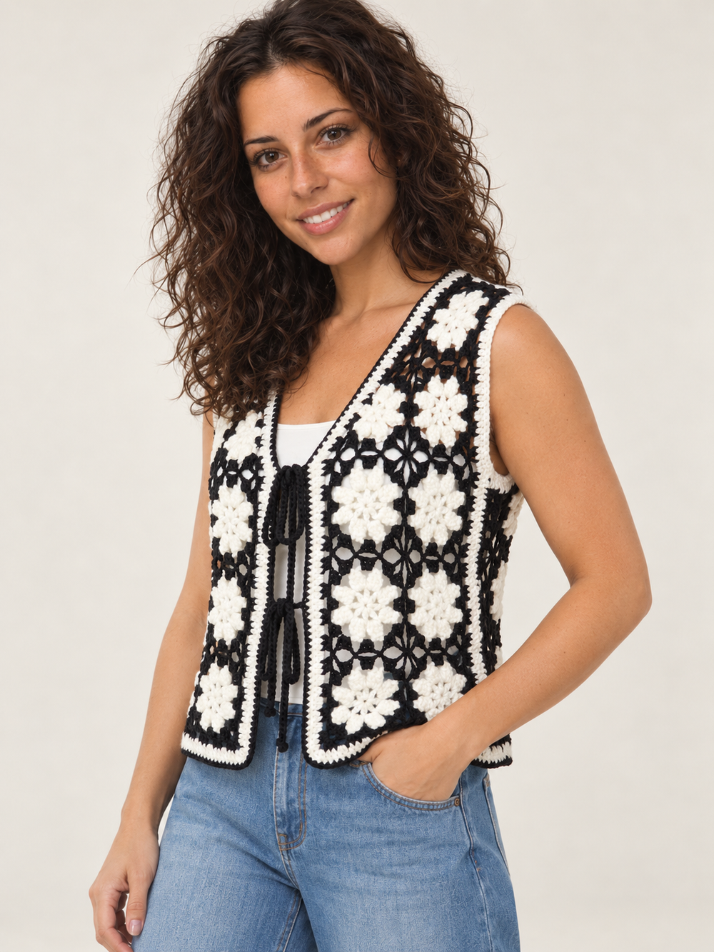 Flower Crochet Vest – 45-degree view on model