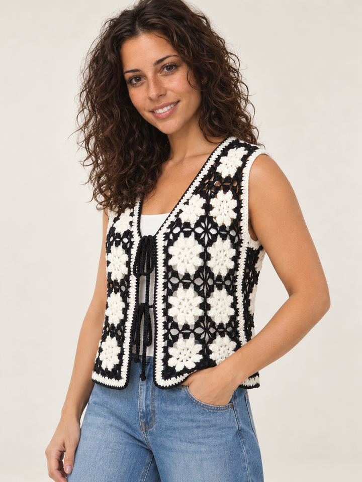 Flower Crochet Vest – 45-degree view on model