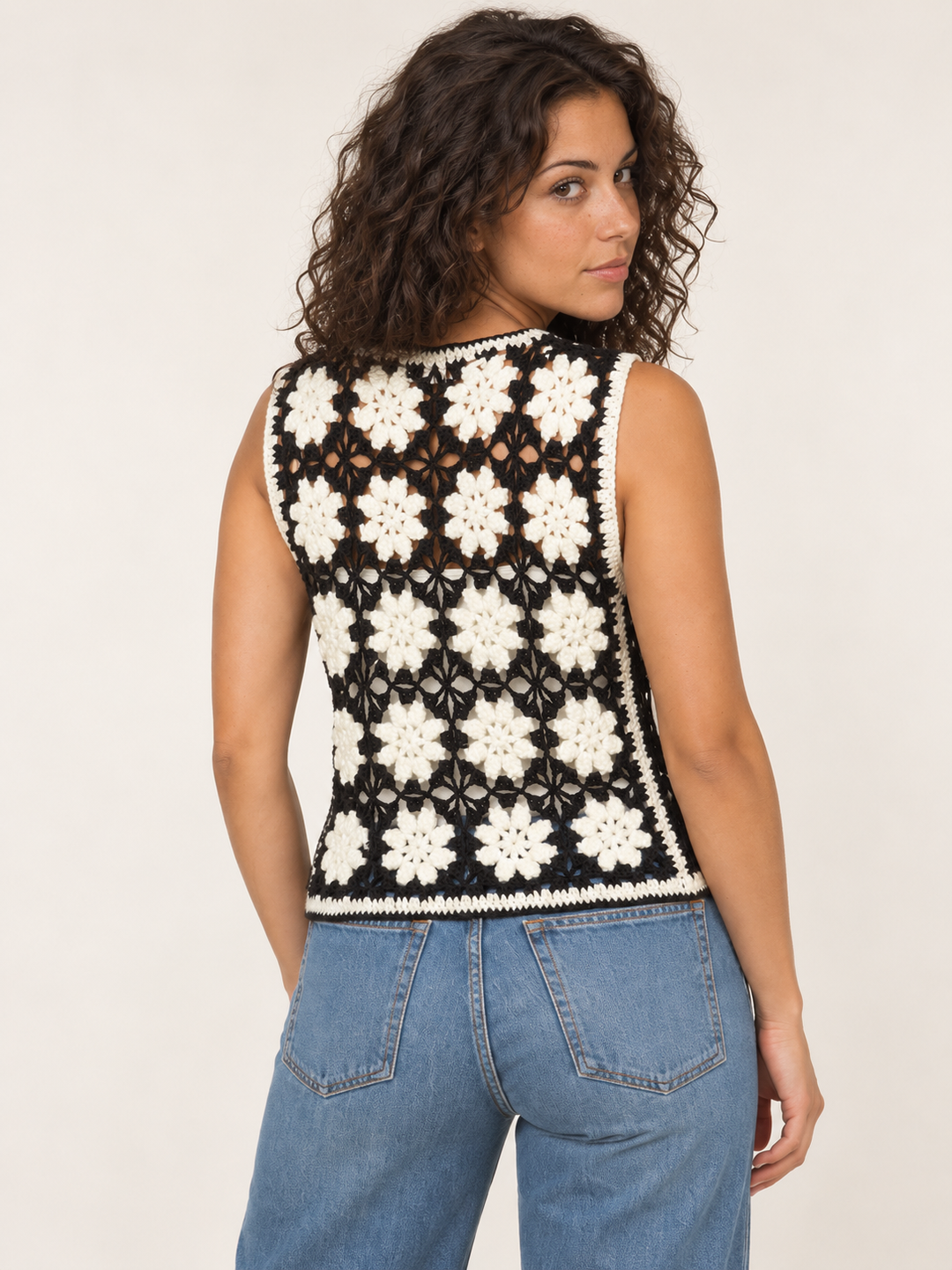 Flower Crochet Vest – back view on model
