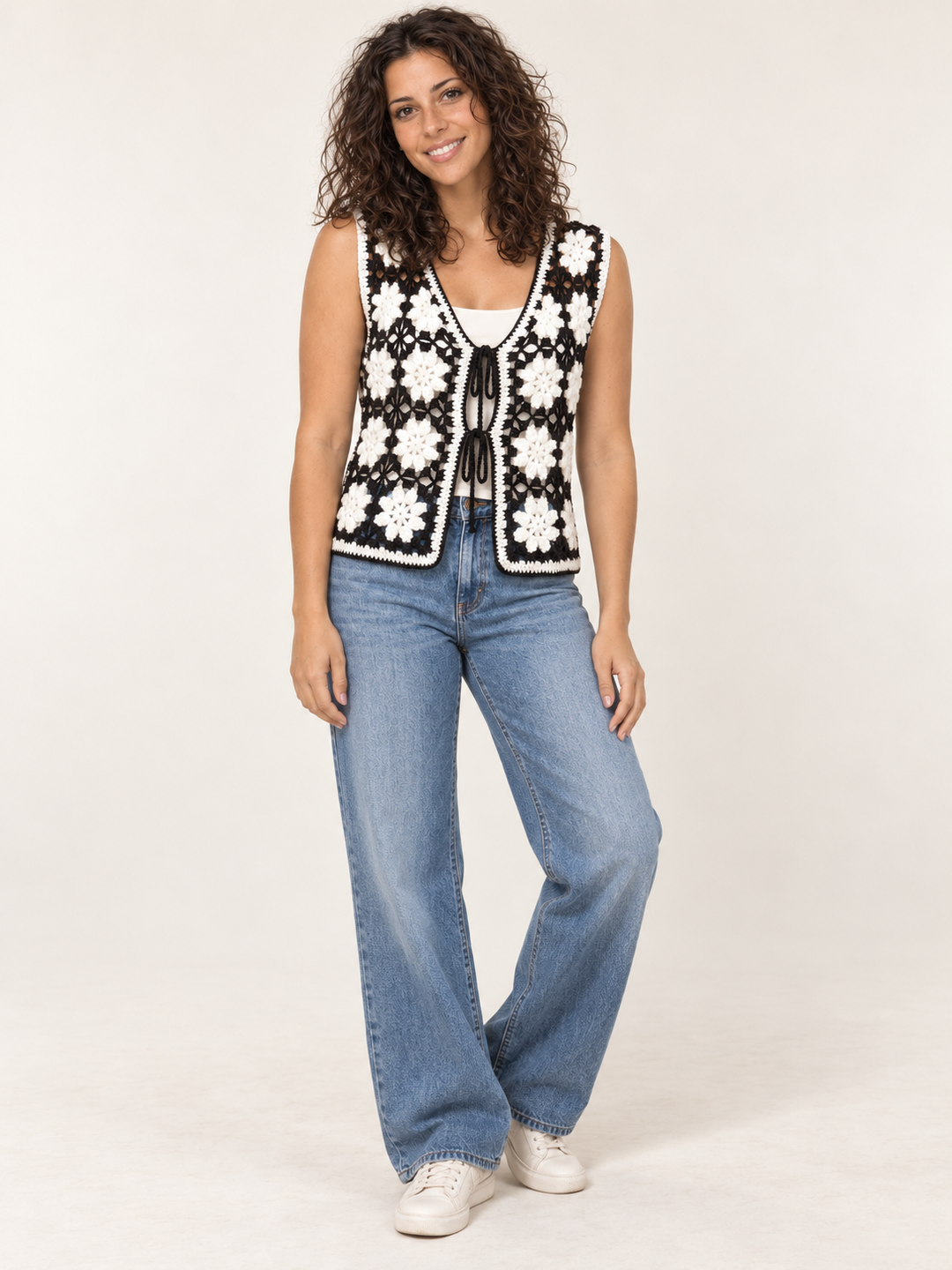 Flower Crochet Vest – full-body front view on model