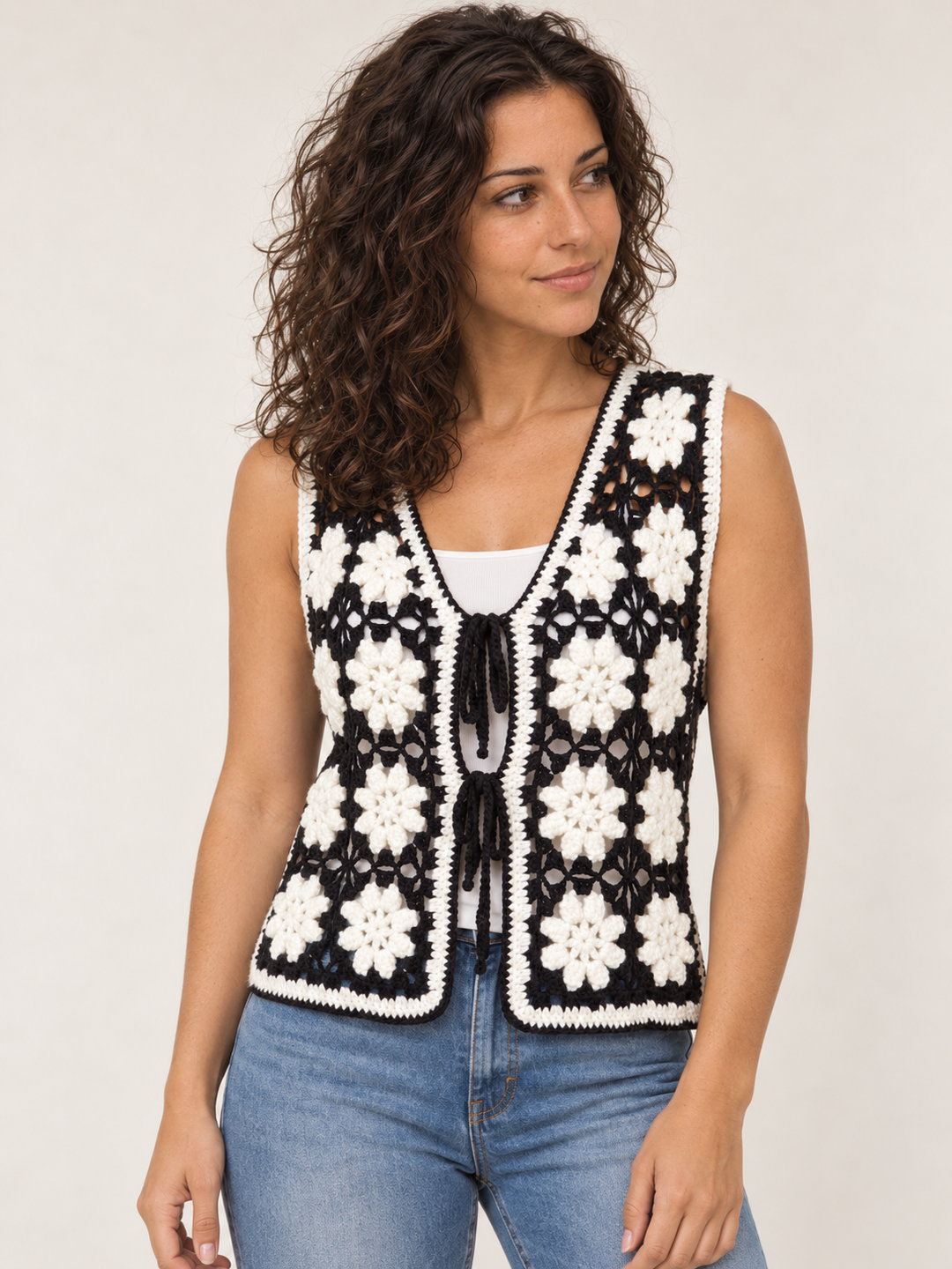 Flower Crochet Vest – front view on model