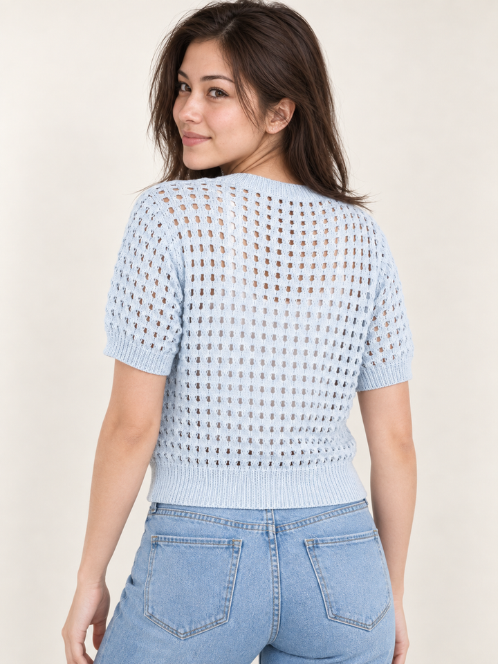 Flower Open Knit Short Sleeve Top Blue back view on model