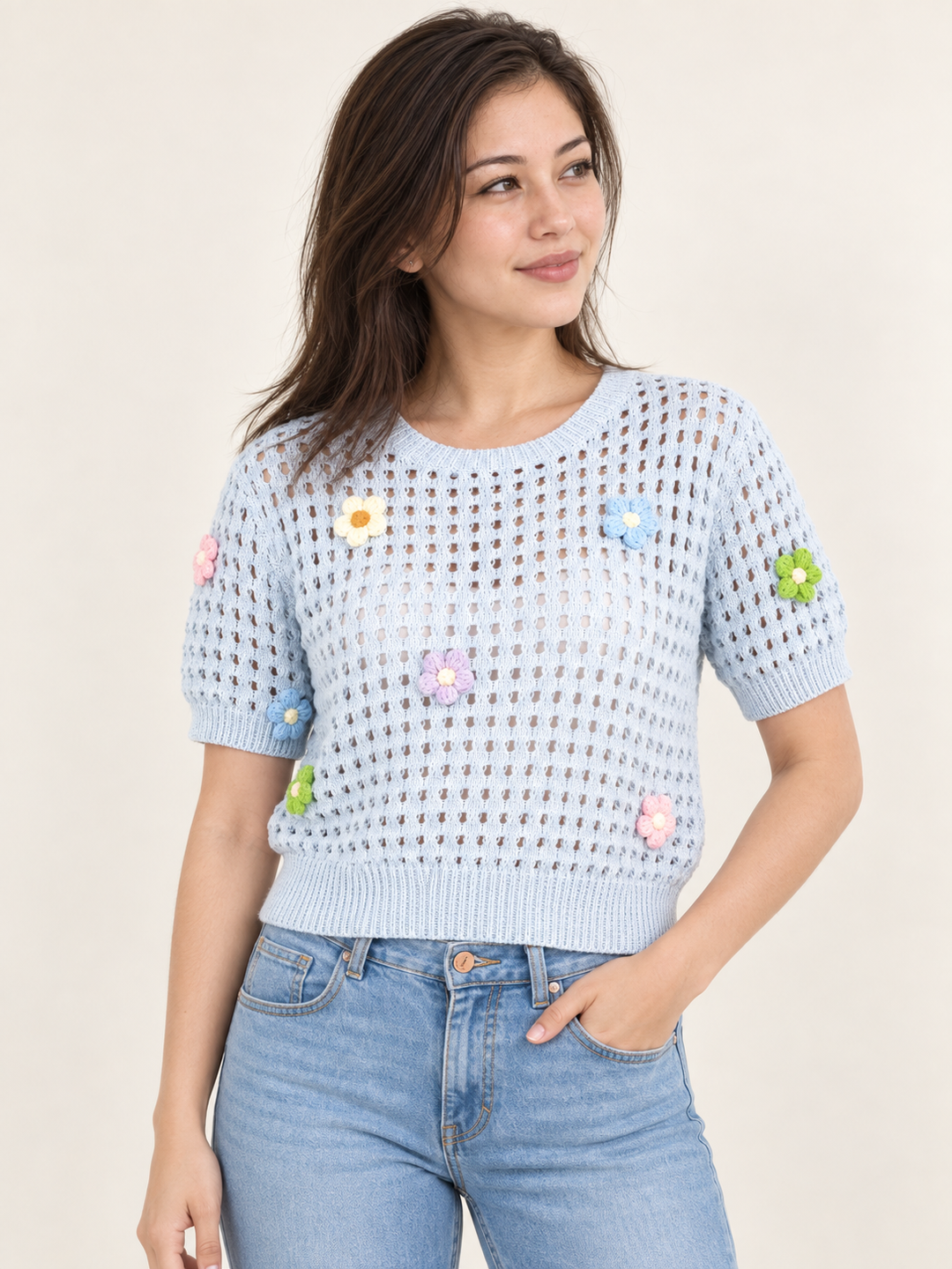 Flower Open Knit Short Sleeve Top Blue front view on model
