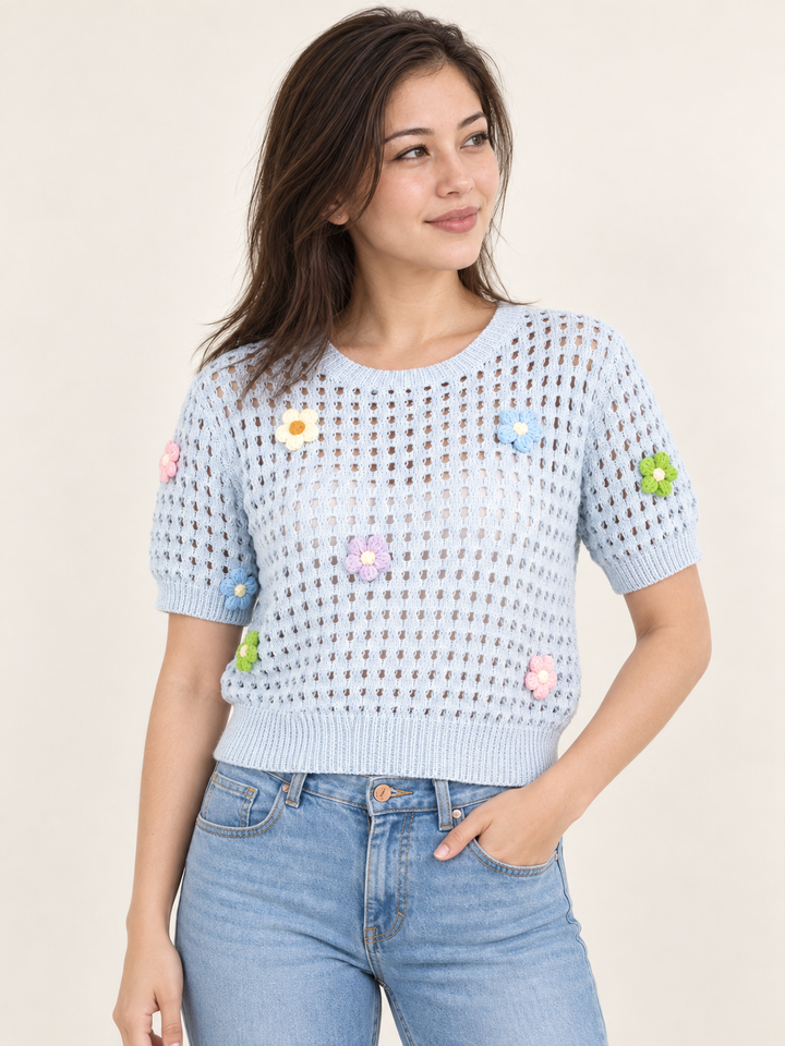 Flower Open Knit Short Sleeve Top Blue front view on model