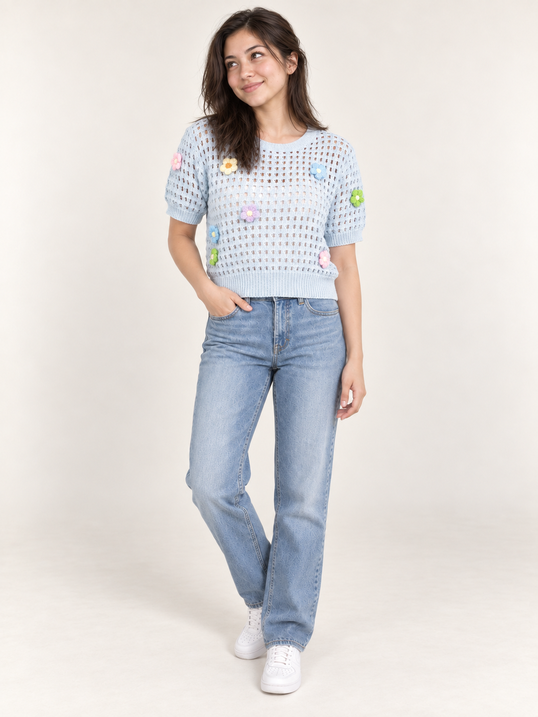 Flower Open Knit Short Sleeve Top Blue full body view on model