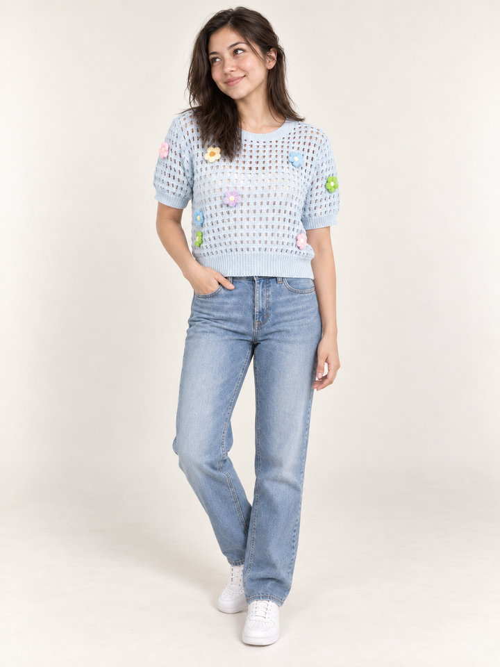 Flower Open Knit Short Sleeve Top Blue full body view on model