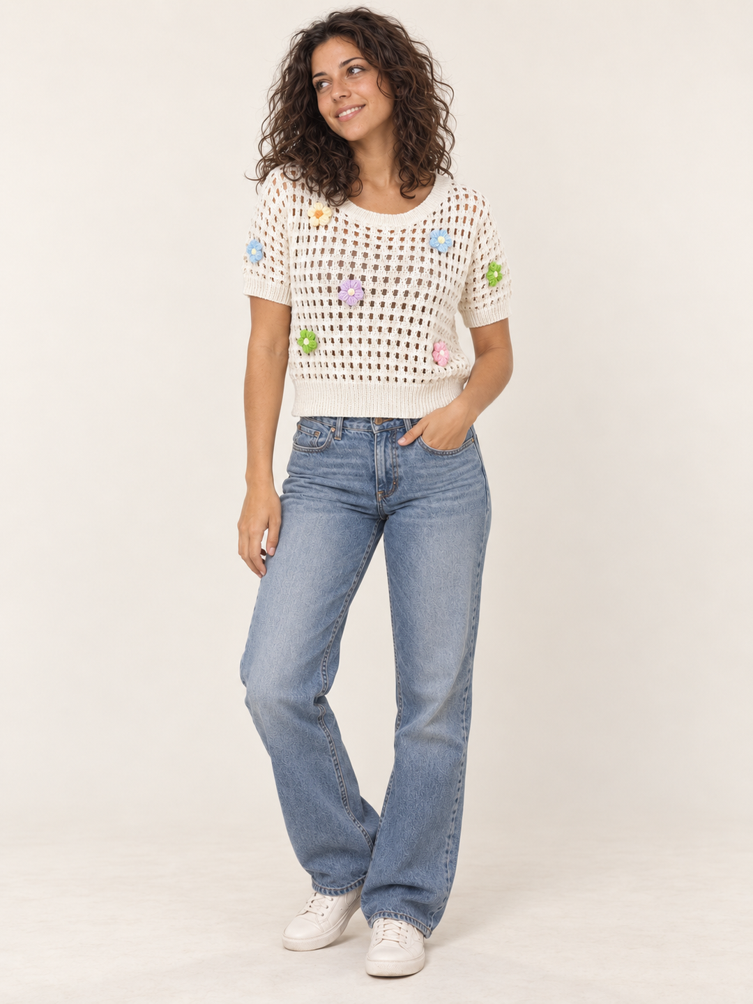 Model wearing Flower Open Knit Short Sleeve Top Ivory, full-body view