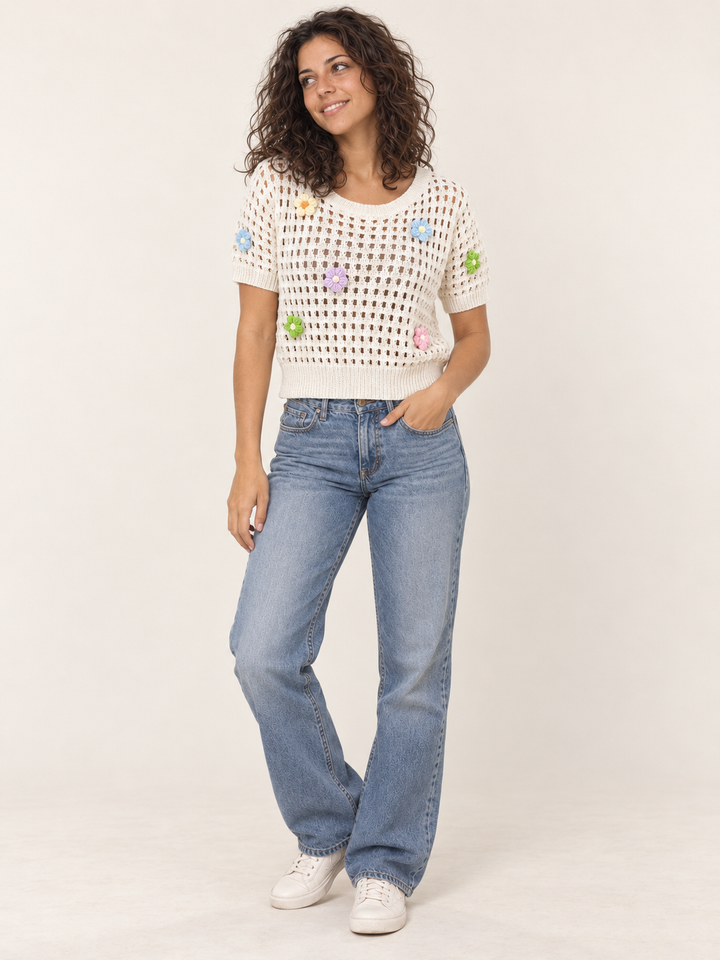 Model wearing Flower Open Knit Short Sleeve Top Ivory, full-body view