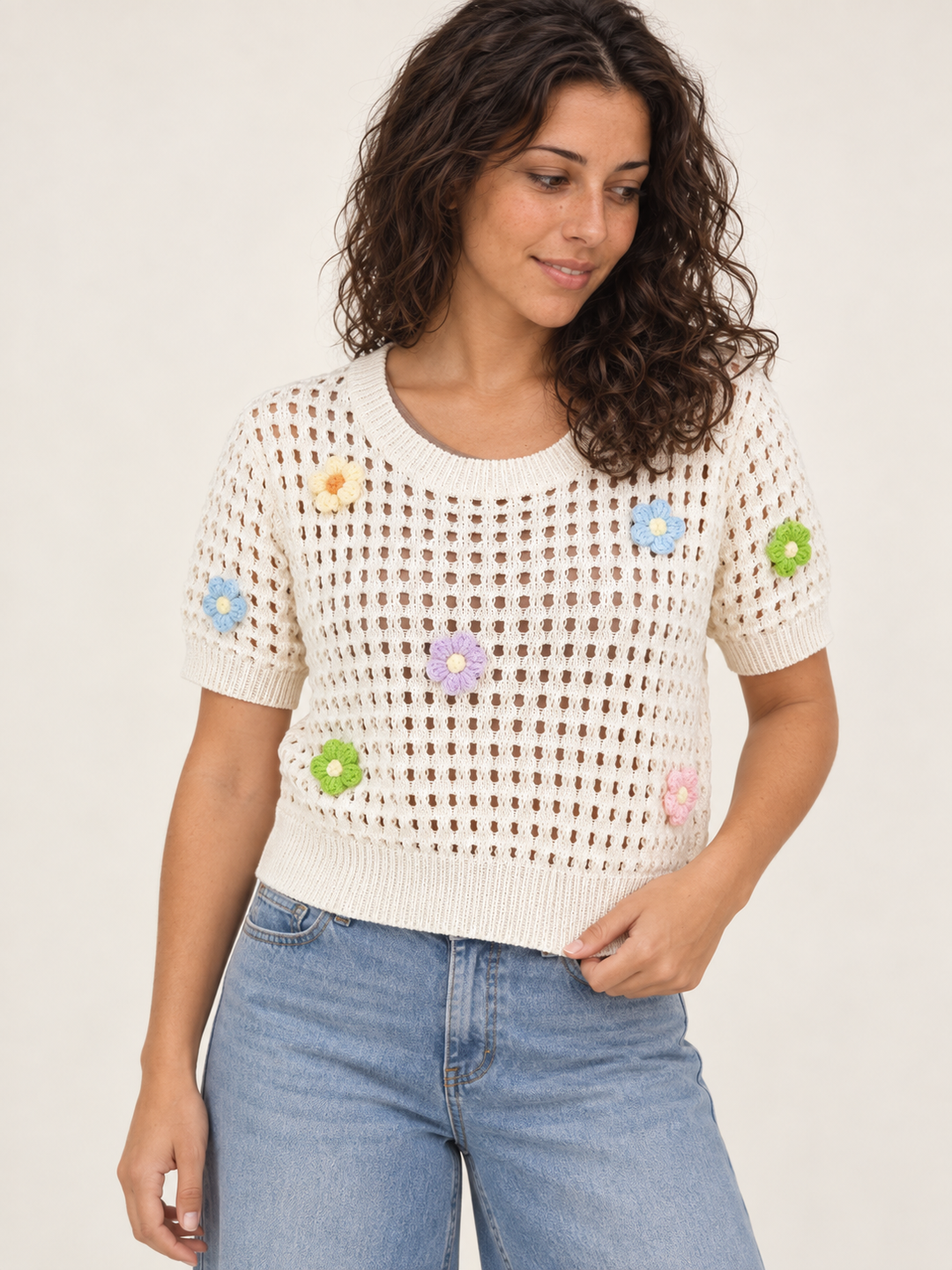 Model wearing Flower Open Knit Short Sleeve Top Ivory, front view