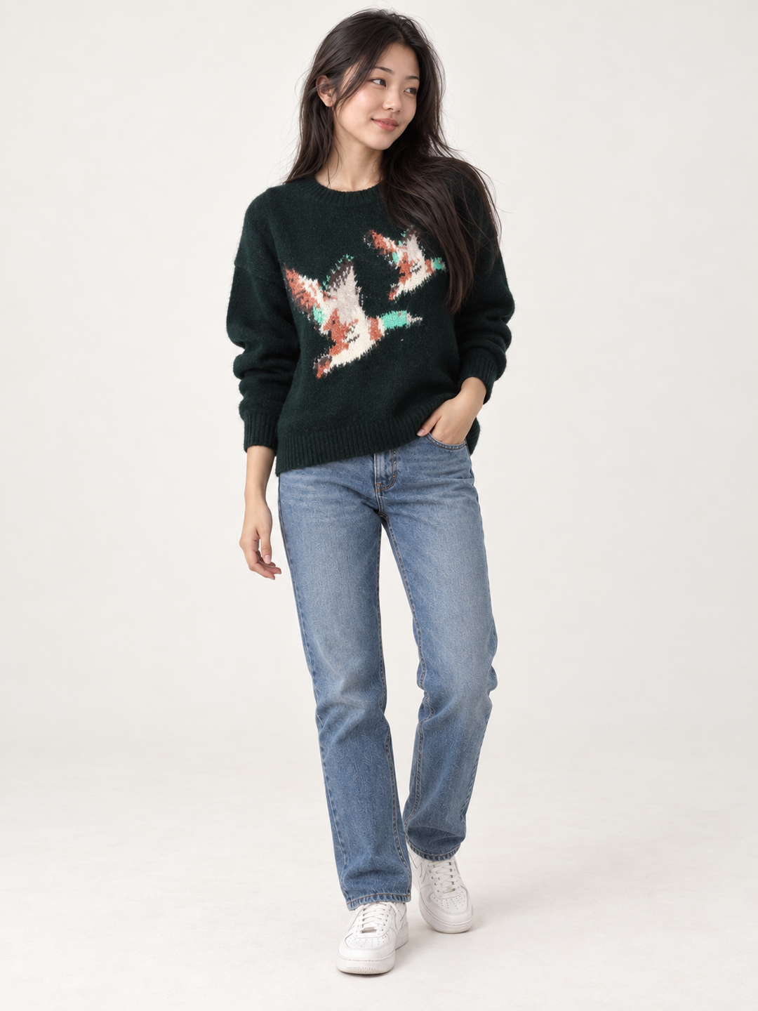 Flying ducks sweater forest green - full body view