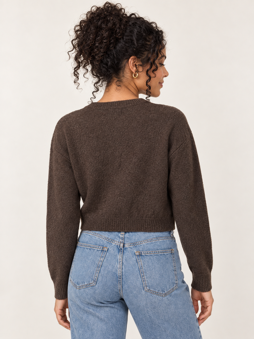 Model wearing Fox Cardigan Brown, back view