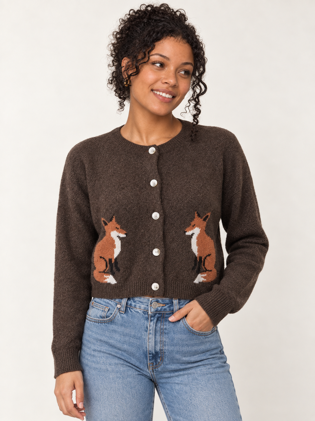 Model wearing Fox Cardigan Brown, front view