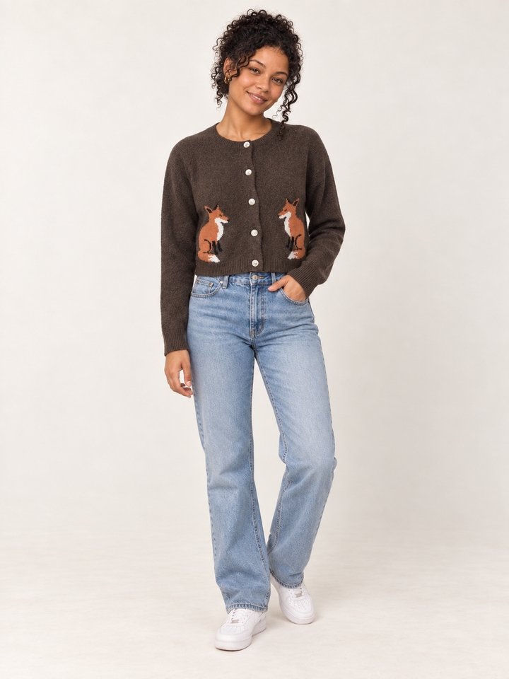 Model wearing Fox Cardigan Brown, full-body view