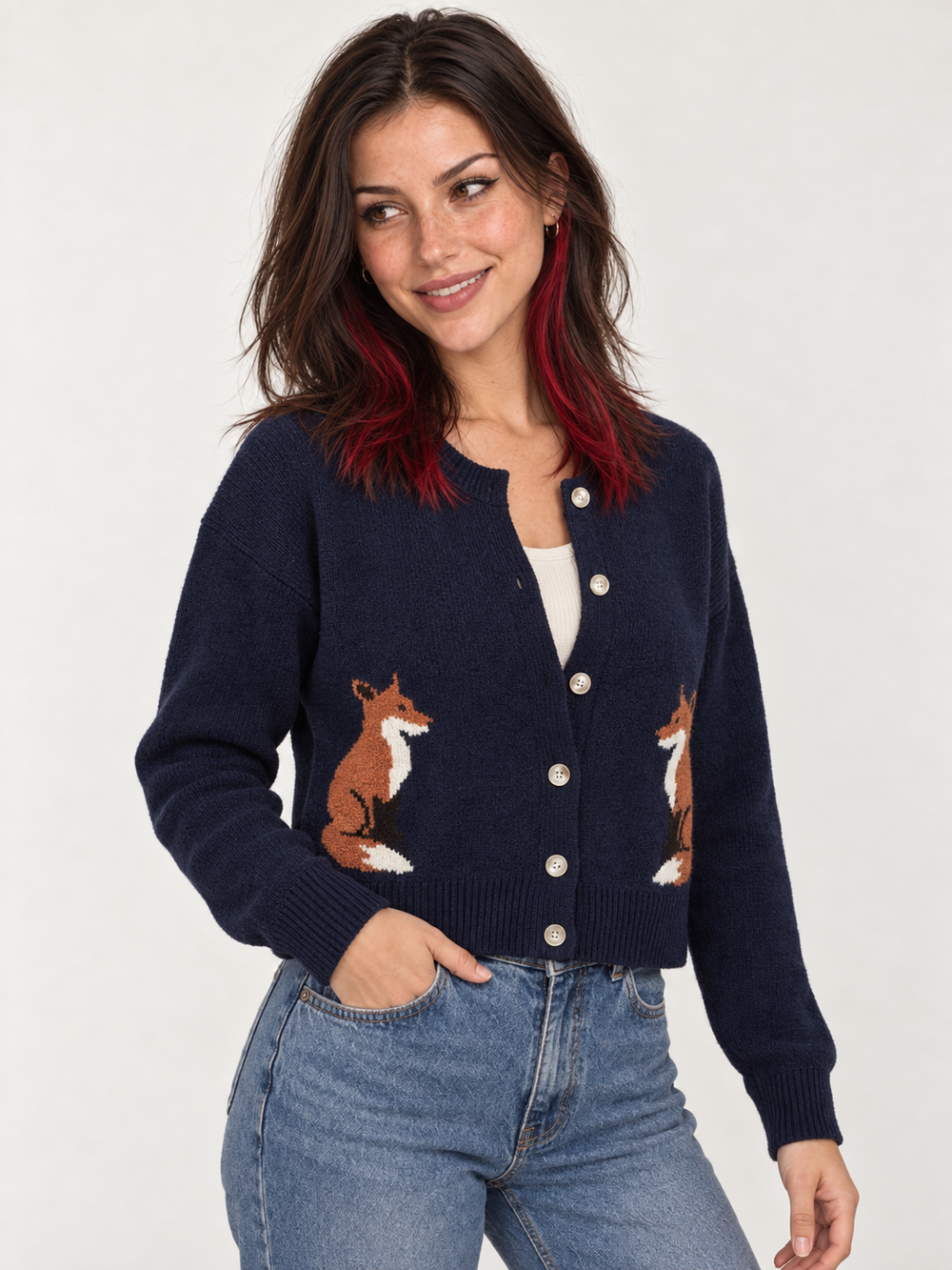 Model wearing Fox Cardigan Navy, angled view