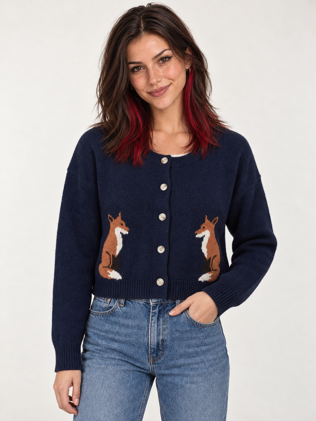 Model wearing Fox Cardigan Navy, front view