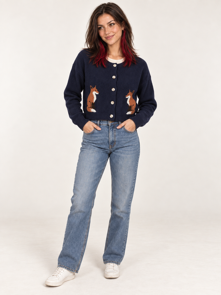 Model wearing Fox Cardigan Navy, full-body view