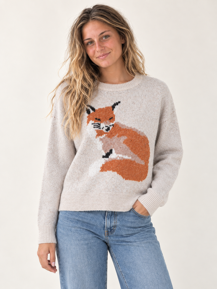Model wearing Fox Graphic Sweater Taupe — front view