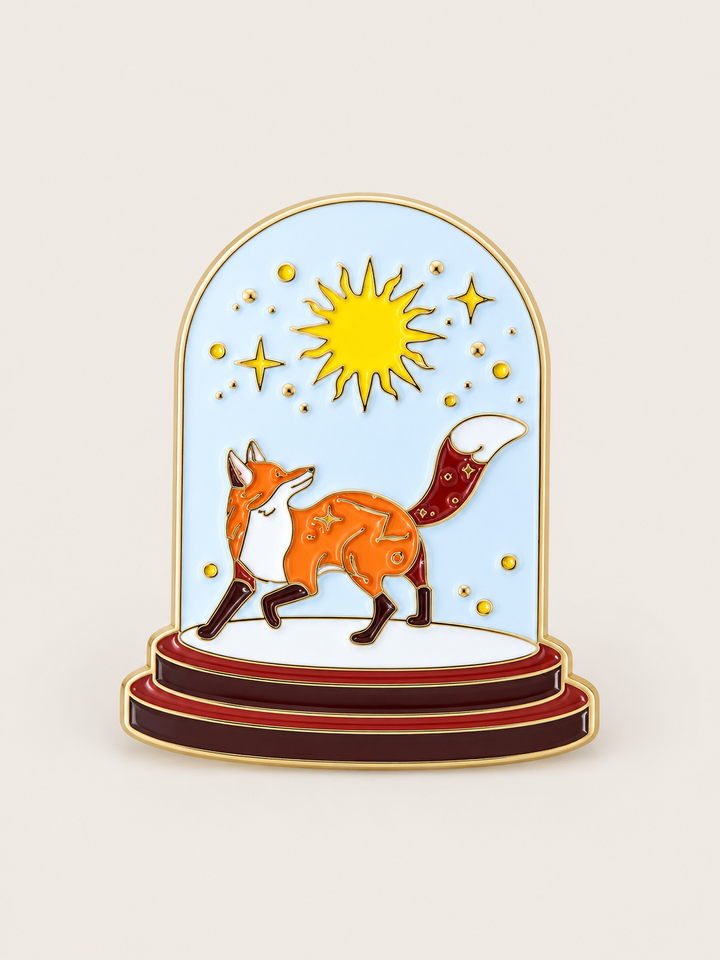 Fox Sun Glass Dome Pin shown on a warm neutral background
