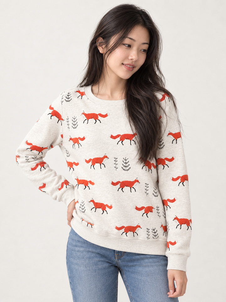 Model wearing Fox Sweatshirt, three-quarter view