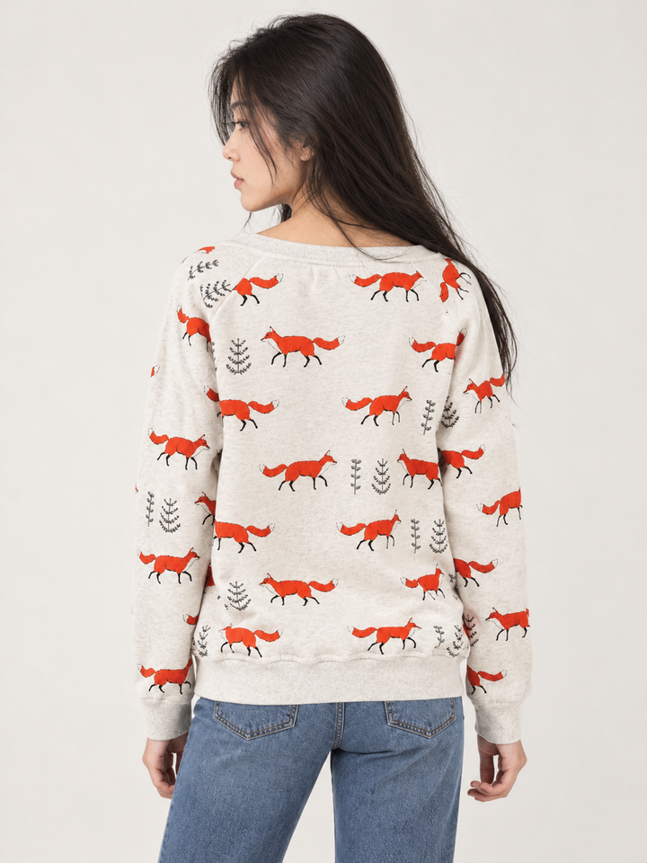 Model wearing Fox Sweatshirt, back view