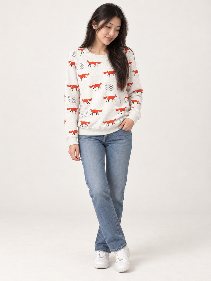Model wearing Fox Sweatshirt, full-body view