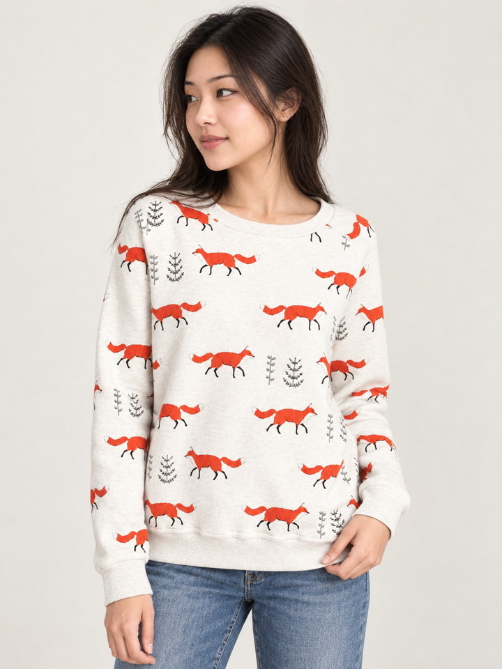 Model wearing Fox Sweatshirt, front view