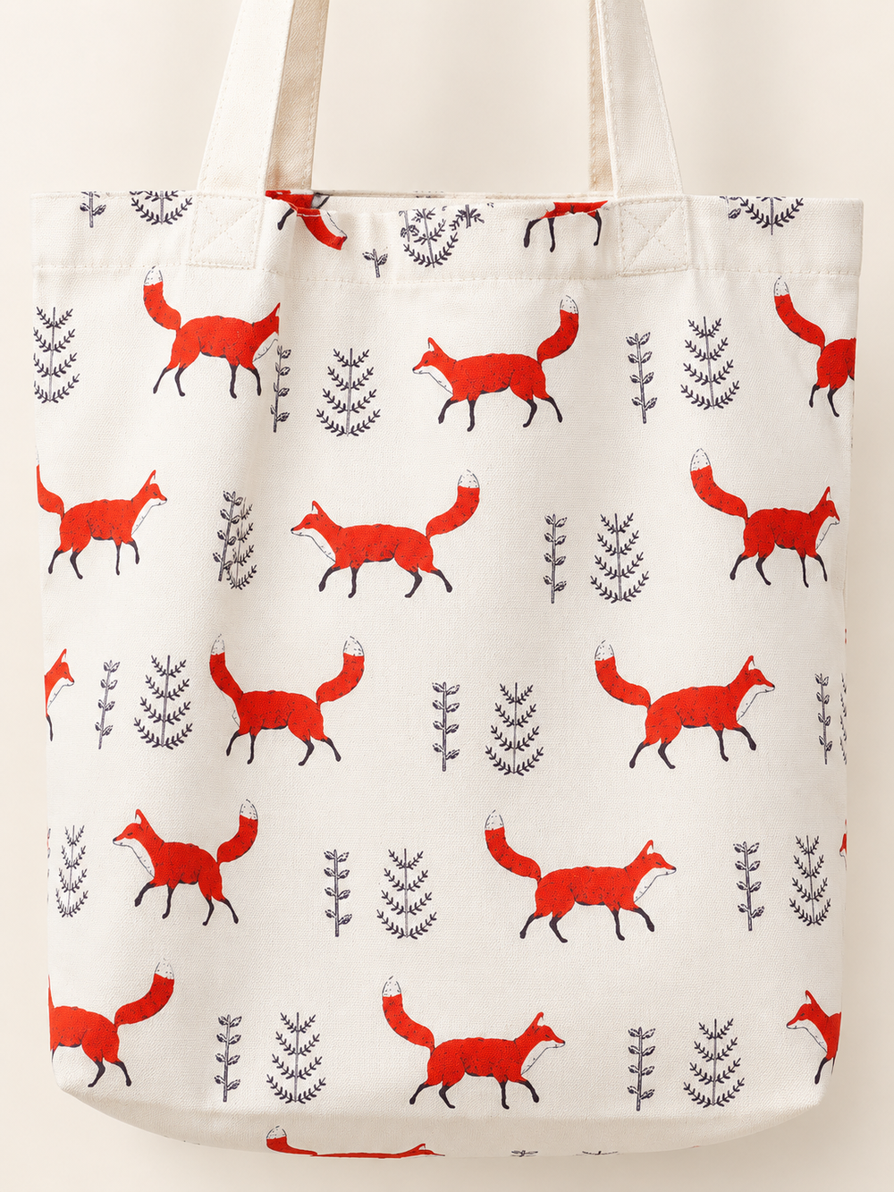 Close-up detail of fox tote bag pattern and fabric