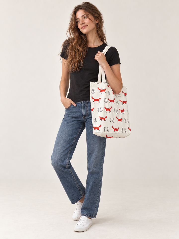 Model wearing fox tote bag over her shoulder