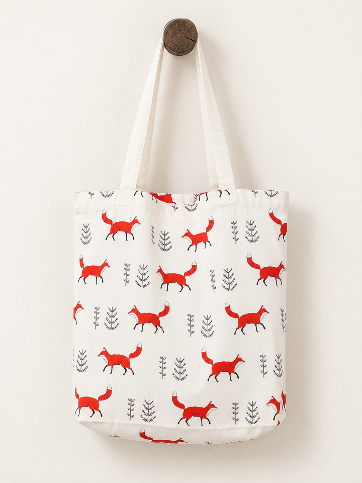 Fox tote bag hanging from wooden wall post