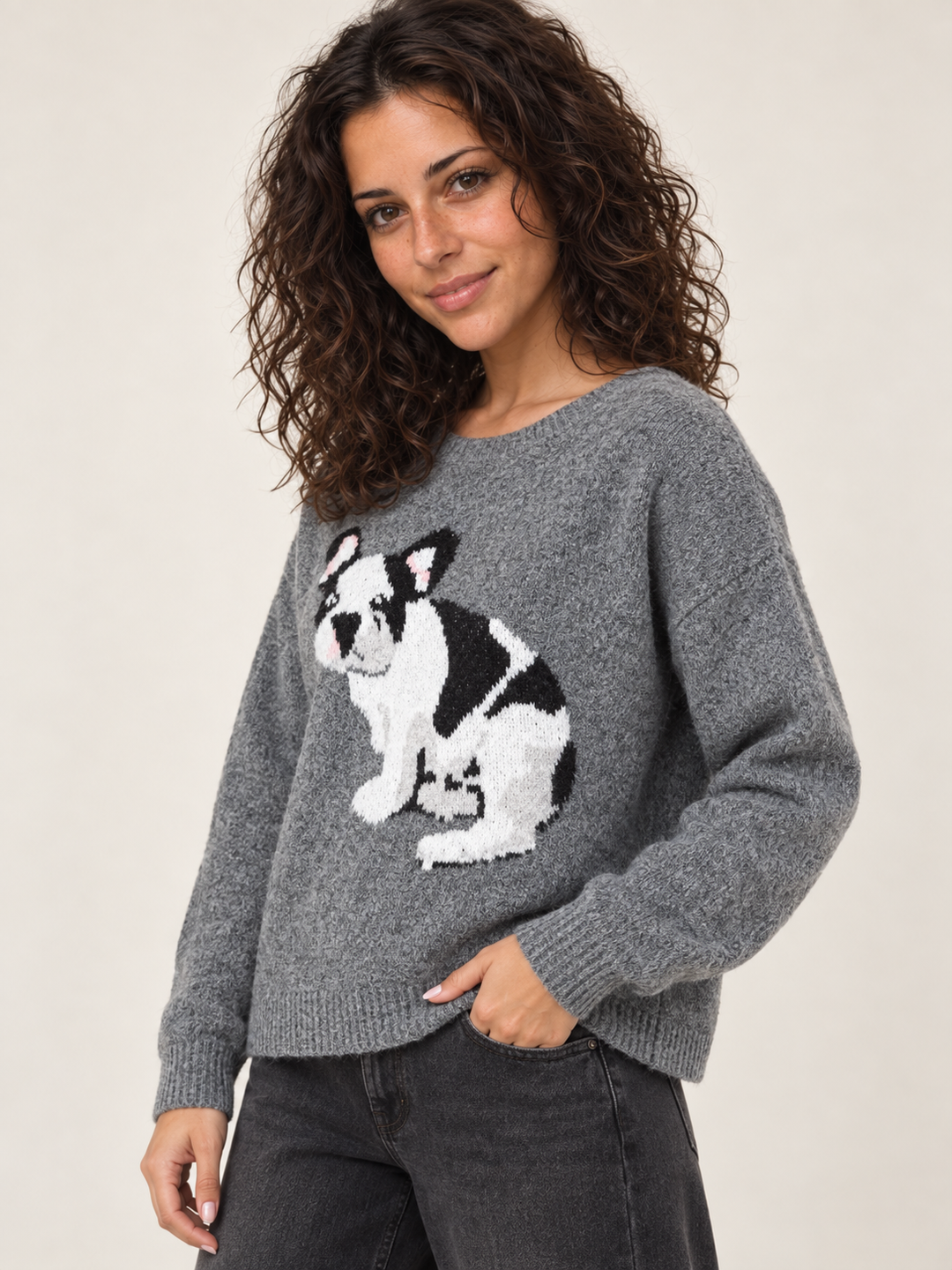 Three-quarter view of Frenchie Dog Sweater Charcoal on model