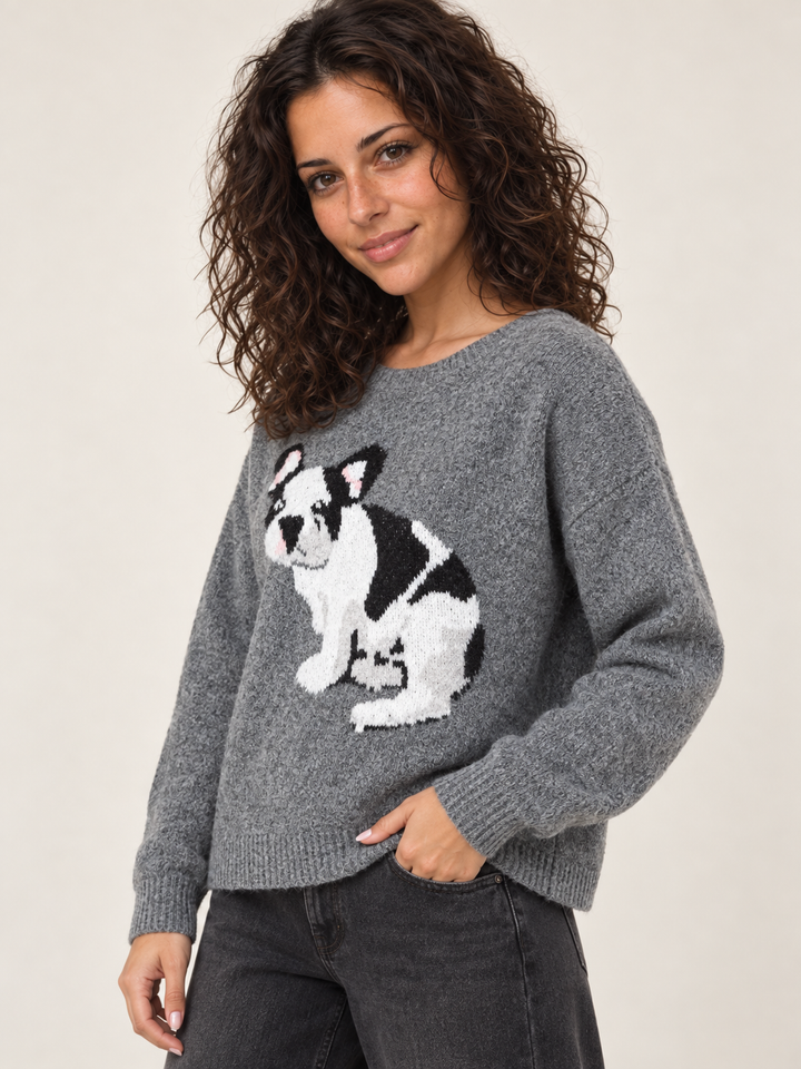 Three-quarter view of Frenchie Dog Sweater Charcoal on model