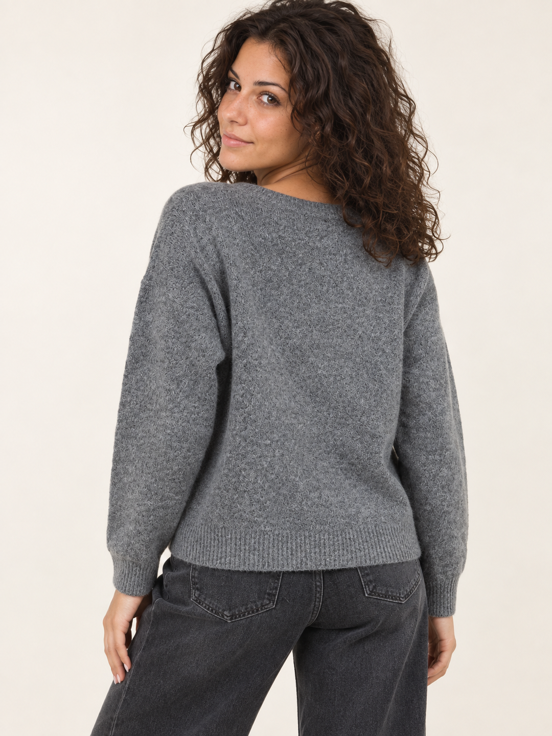 Back view of Frenchie Dog Sweater Charcoal on model