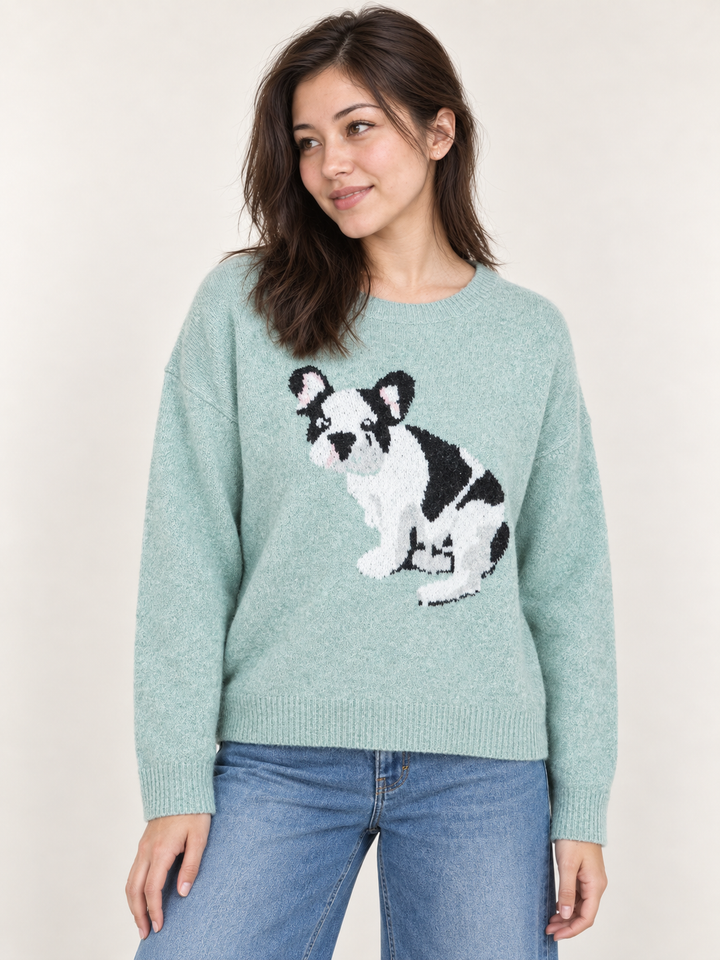 Model wearing Frenchie Dog Sweater Mint, front view