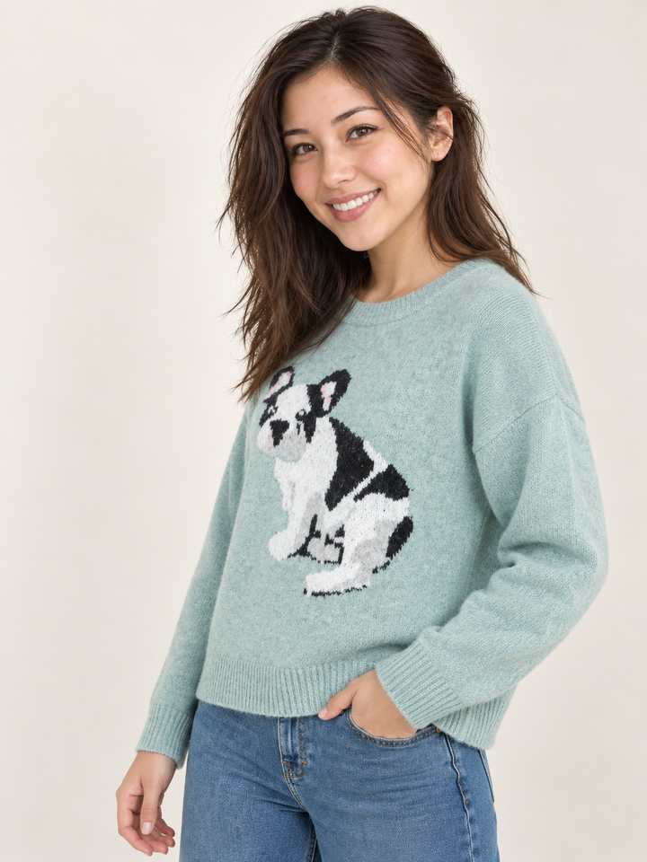 Model wearing Frenchie Dog Sweater Mint, 45-degree view