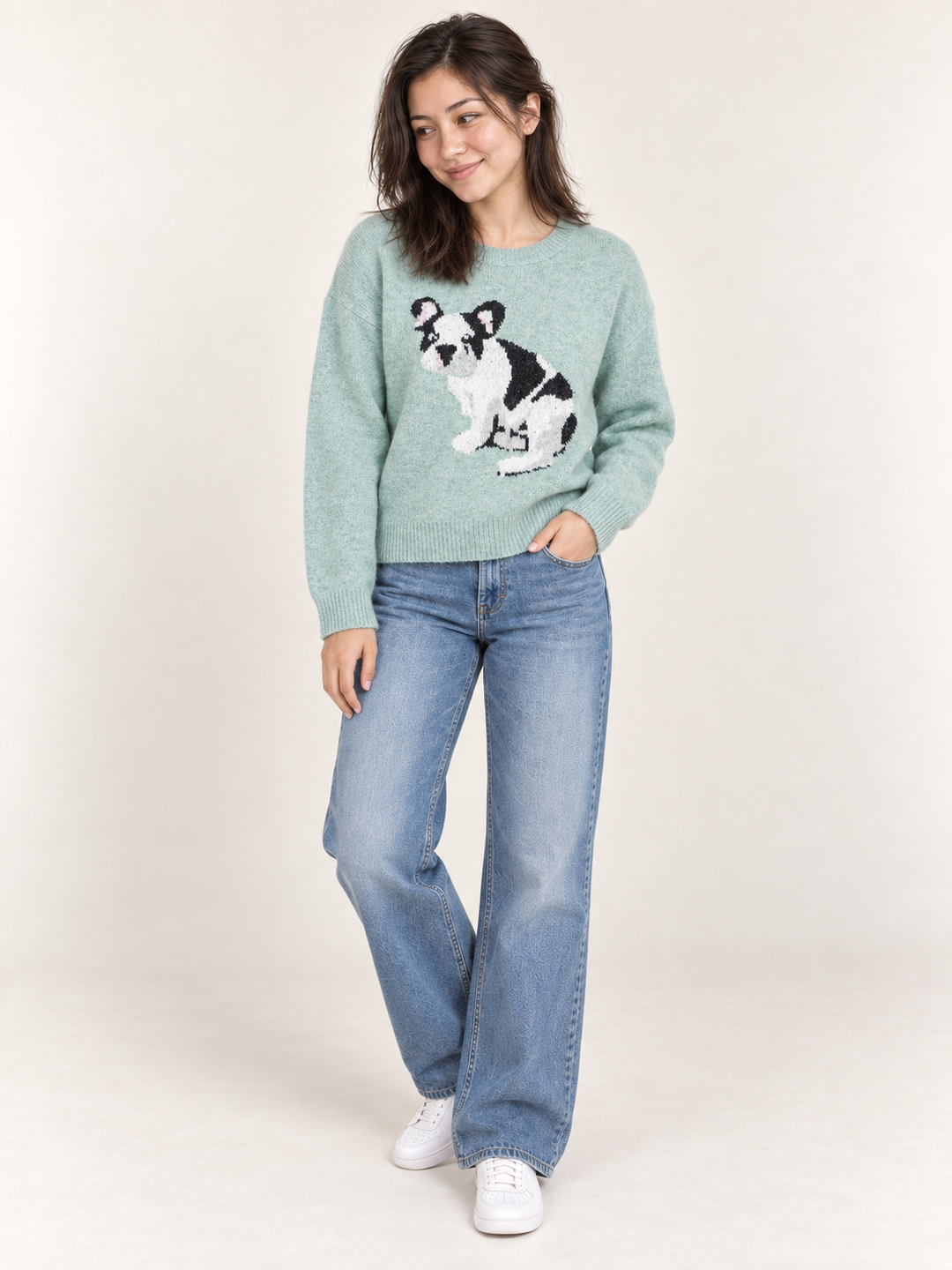 Model wearing Frenchie Dog Sweater Mint, full-body front view