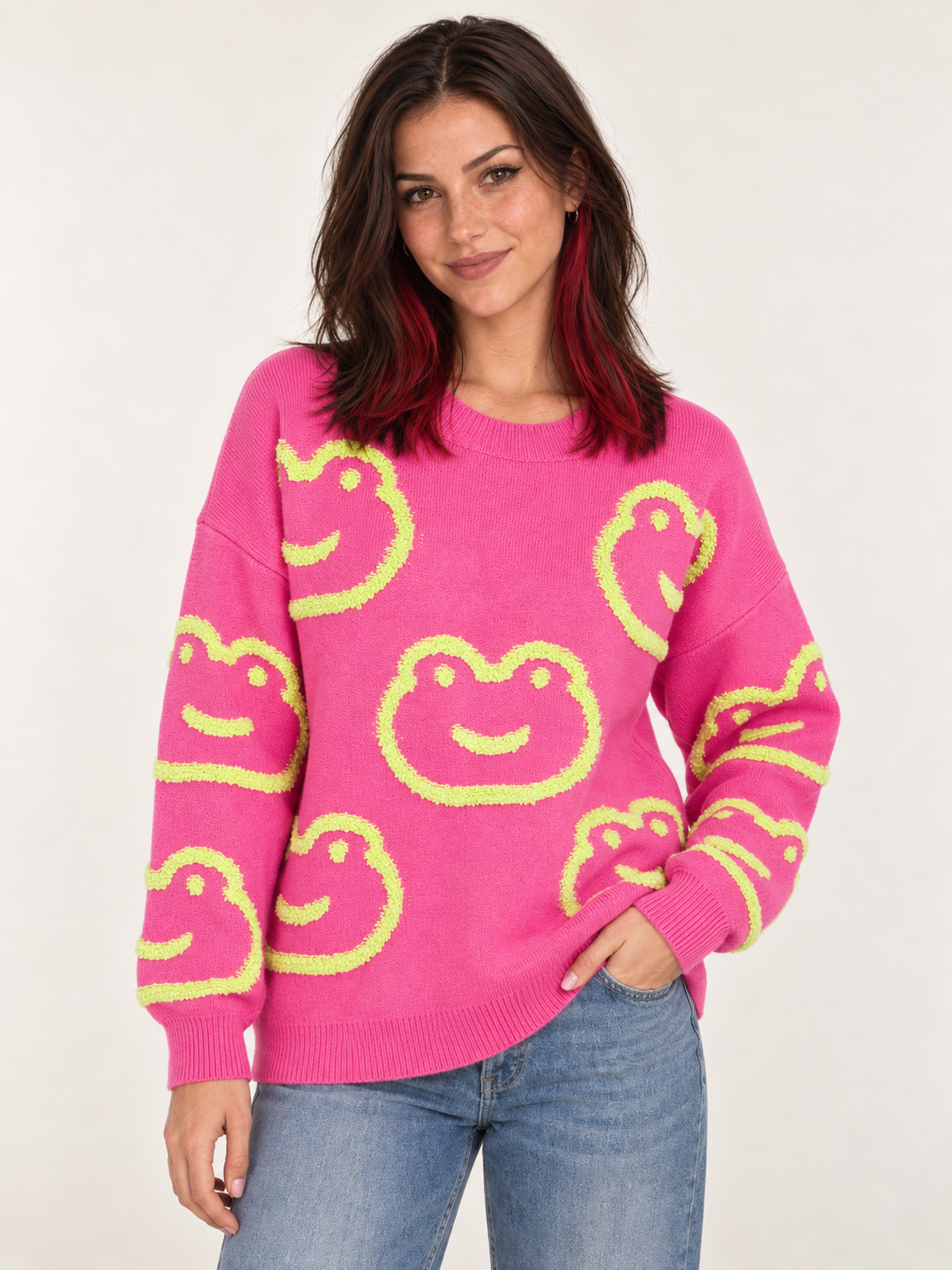 Frog Sweater Pink front view on model