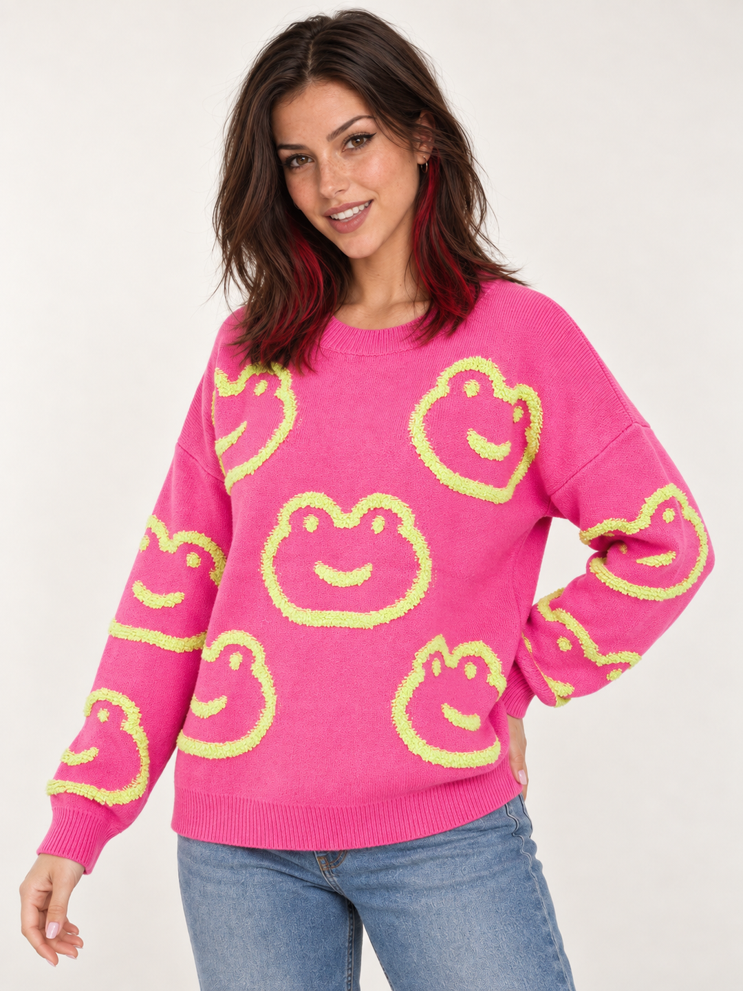 Frog Sweater Pink three-quarter view on model