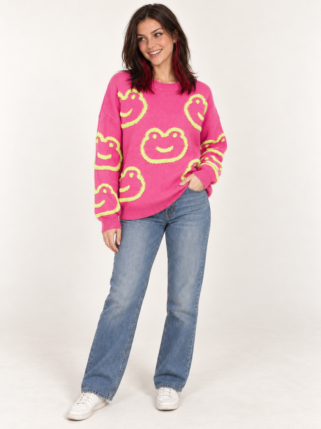 Frog Sweater Pink full-body view on model
