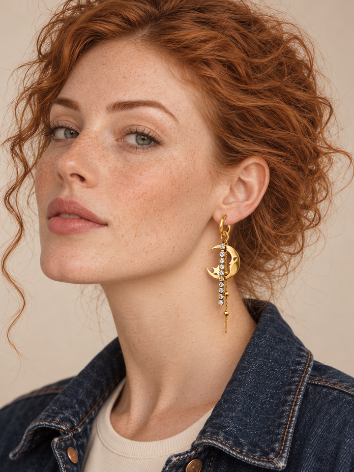 Gold crescent moon earring with crystals and beaded chain worn on the viewer-right ear