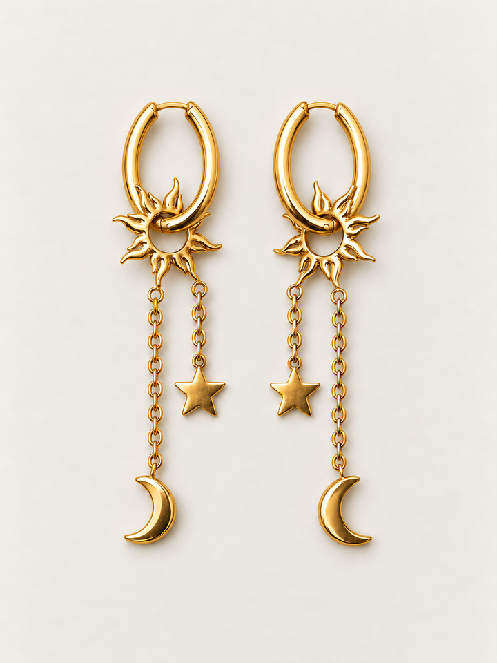 Gold Sun Moon Star Hoop Earrings shown on a warm neutral background