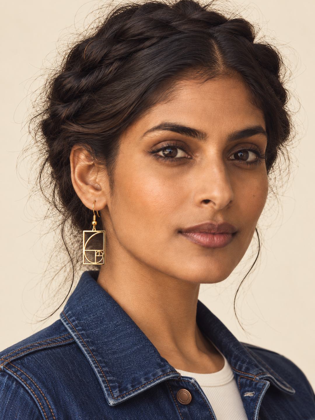 Model wearing gold Golden Ratio Spiral Drop Earrings