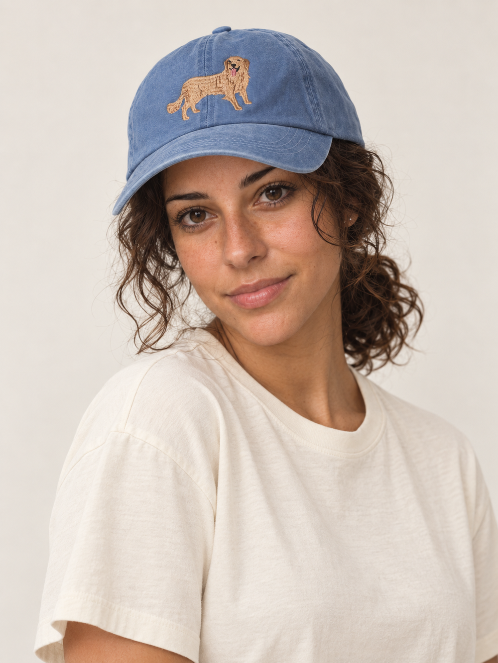 Model wearing Golden Retriever denim hat