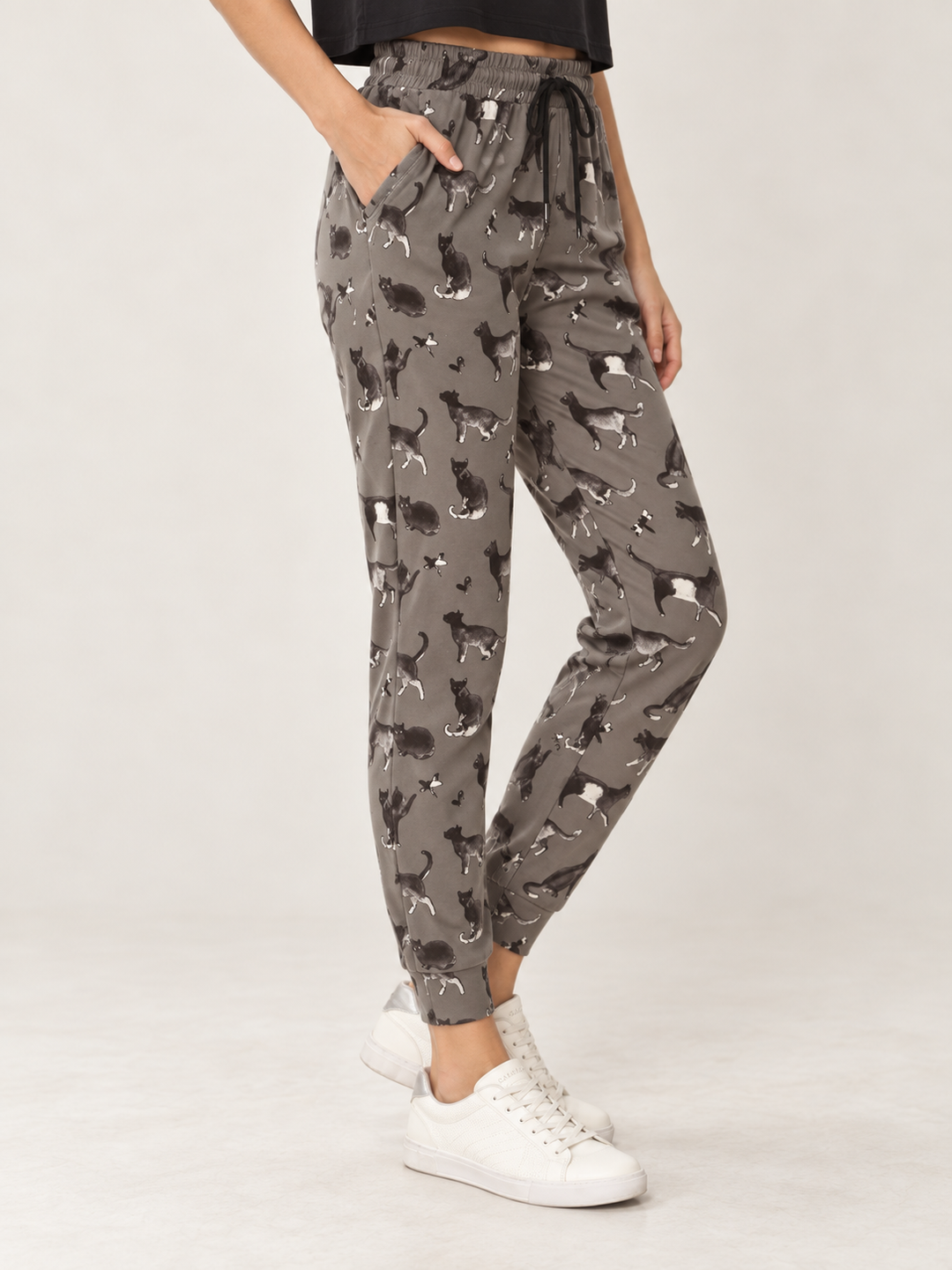 Gray Cat Joggers 45-degree waist-down view