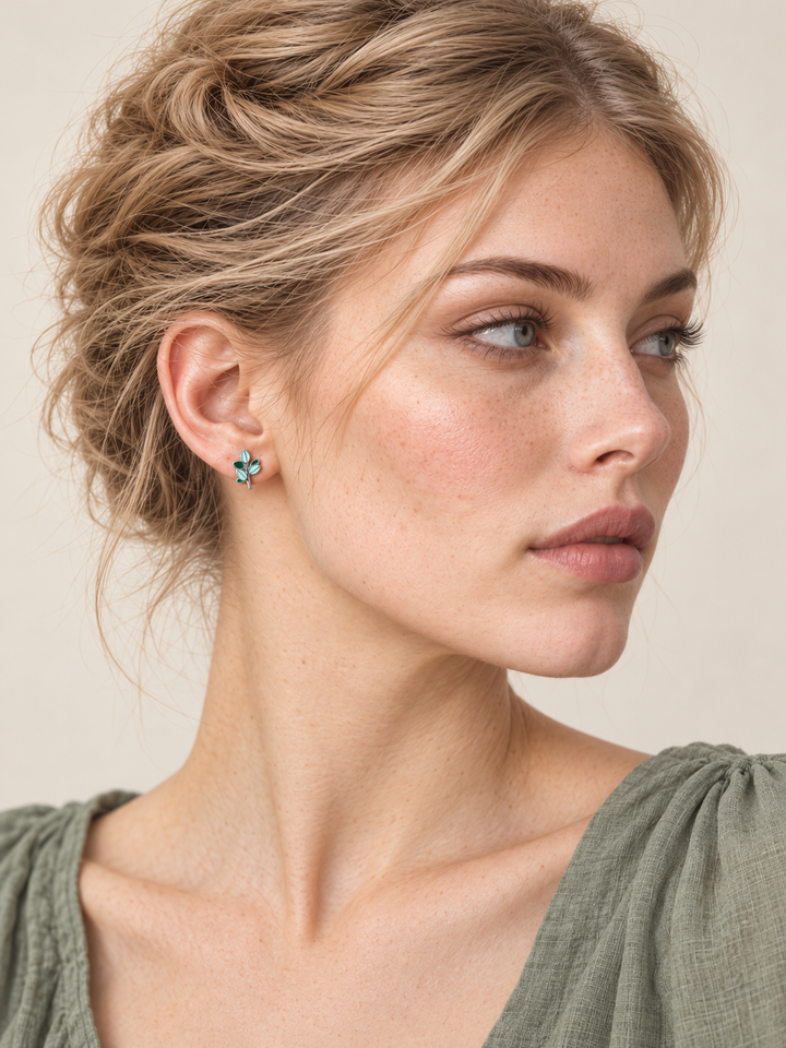 Silver Green Leaf Stud Earring worn on a model