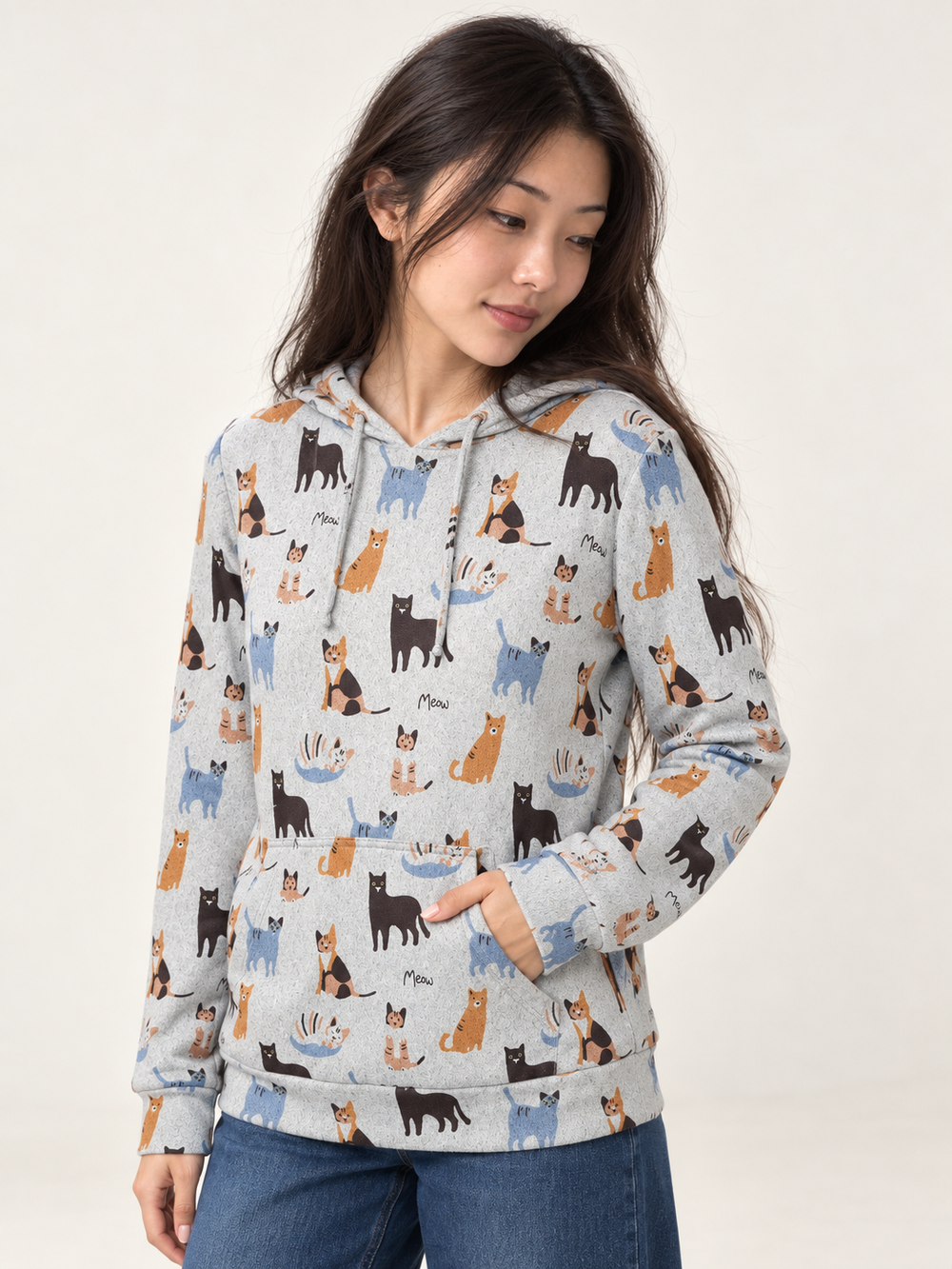 Grey Cat Hoodie angled view