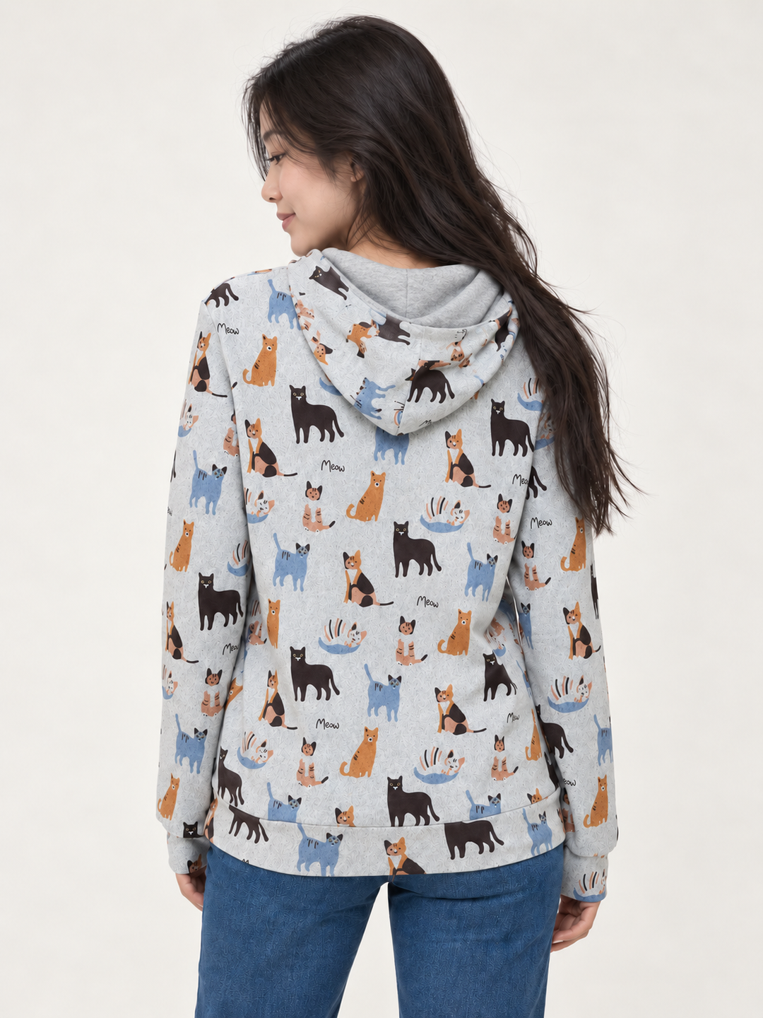 Grey Cat Hoodie back view with hood down