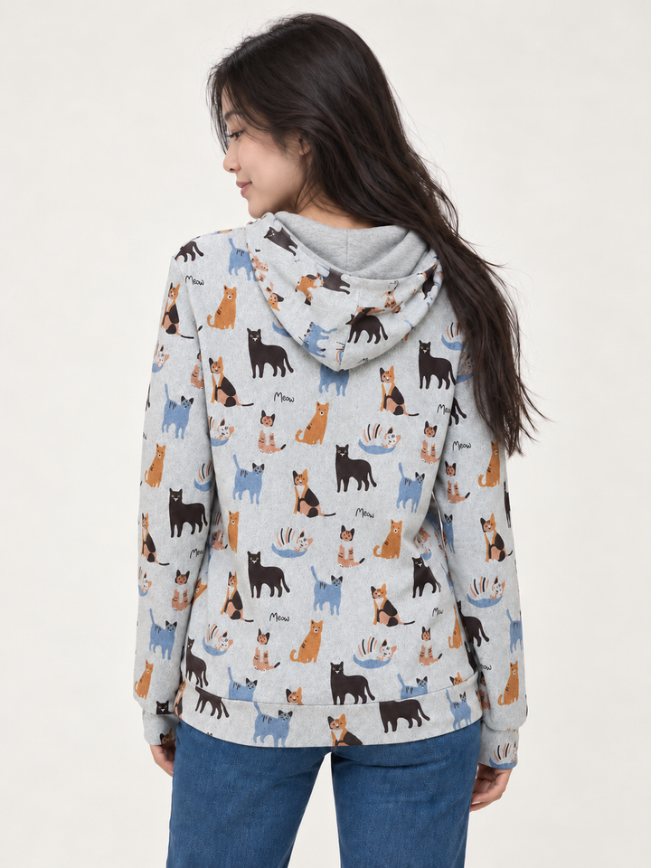Grey Cat Hoodie back view with hood down