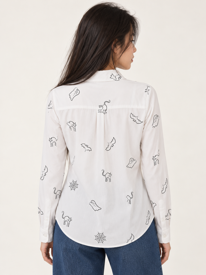 Halloween Button Down Shirt White back view on model