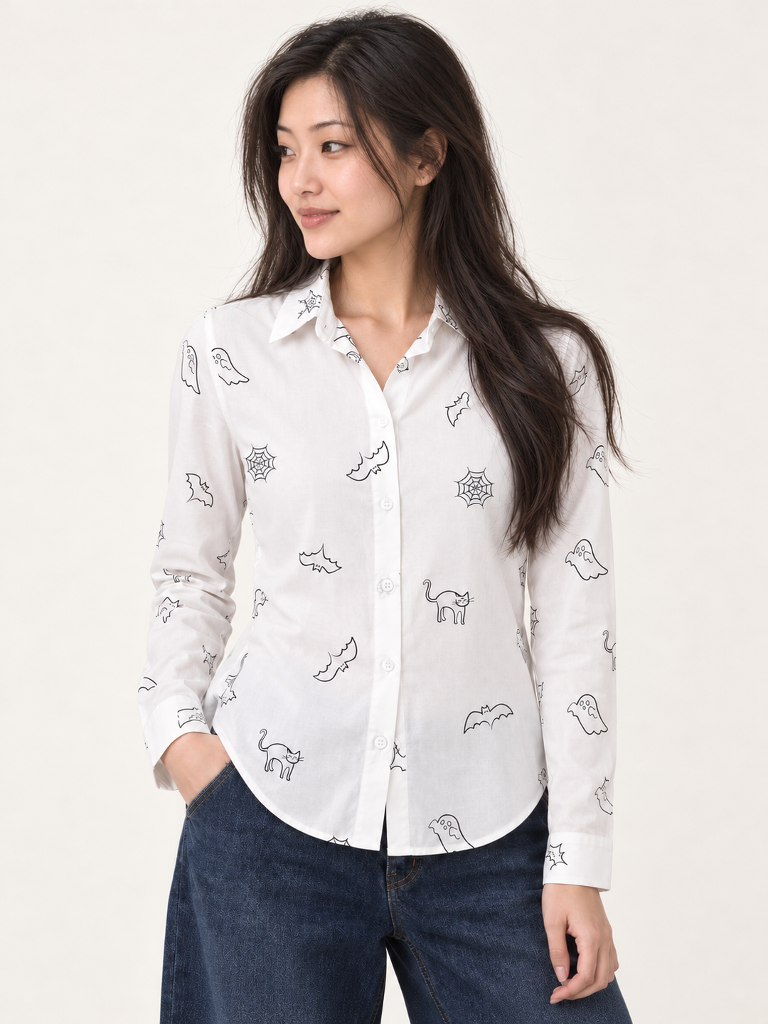 Halloween Button Down Shirt White front view on model looking left